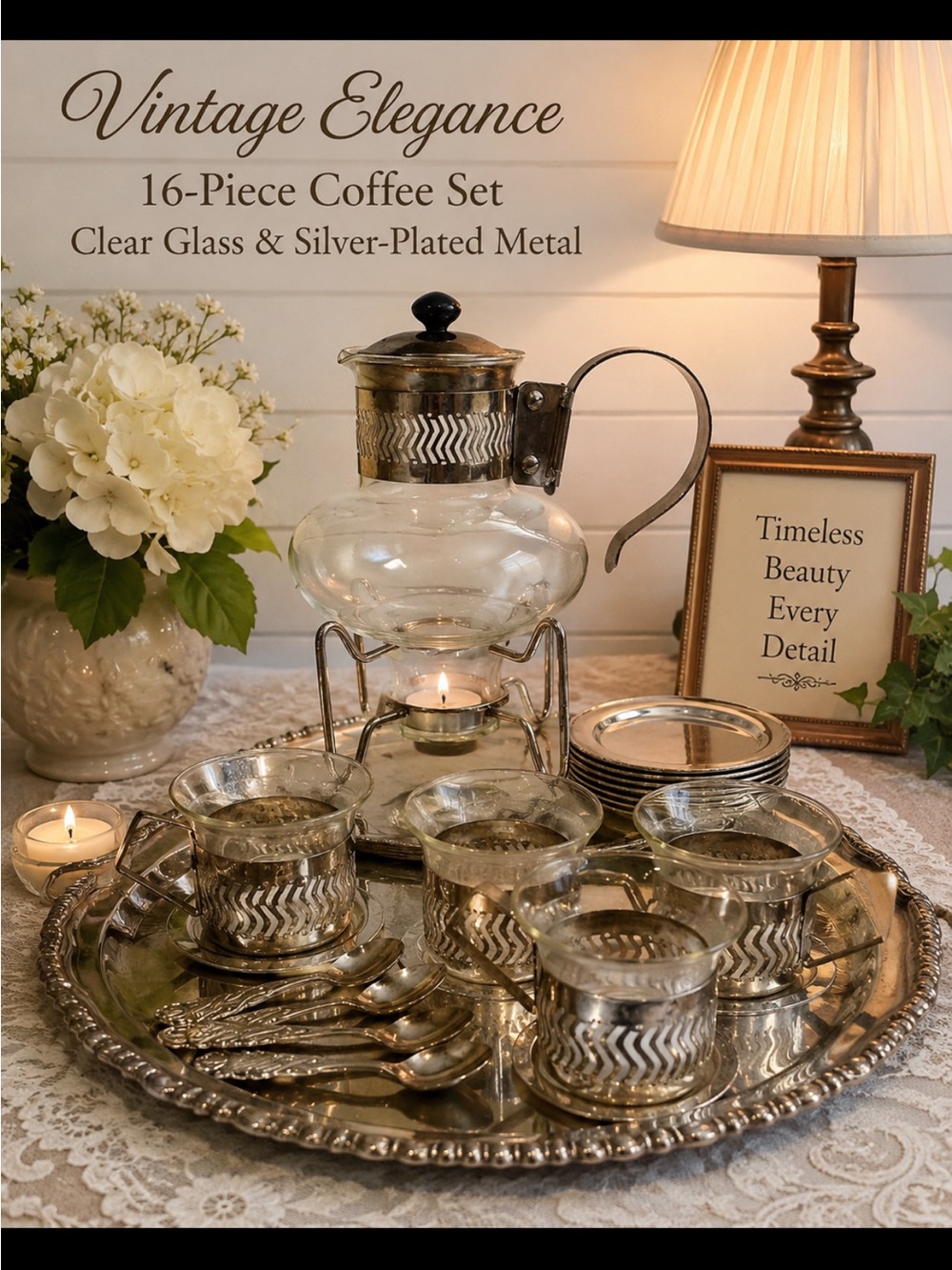 Vintage Coffee Pot, Cups & Saucers Clear Glass & Silver-plated Metal, 16pc Set